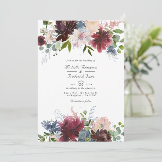 Bourgogne, marine en blush Floral QR Code Weddensc Kaart (Staand voorkant)