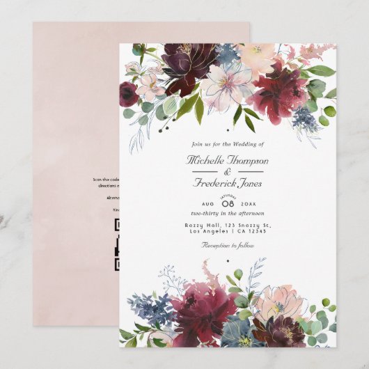 Bourgogne, marine en blush Floral QR Code Weddensc Kaart (Voorkant / Achterkant)