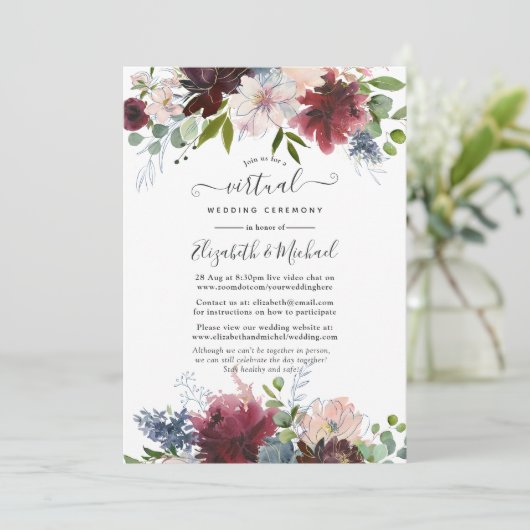 Bourgogne, marine en Blush Floral Virtual Wedding Kaart (Staand voorkant)