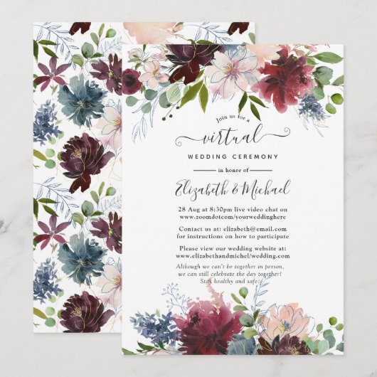 Bourgogne, marine en Blush Floral Virtual Wedding Kaart (Voorkant / Achterkant)