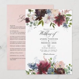 Bourgogne, marine en Blush Floral Wedding Invitati Kaart