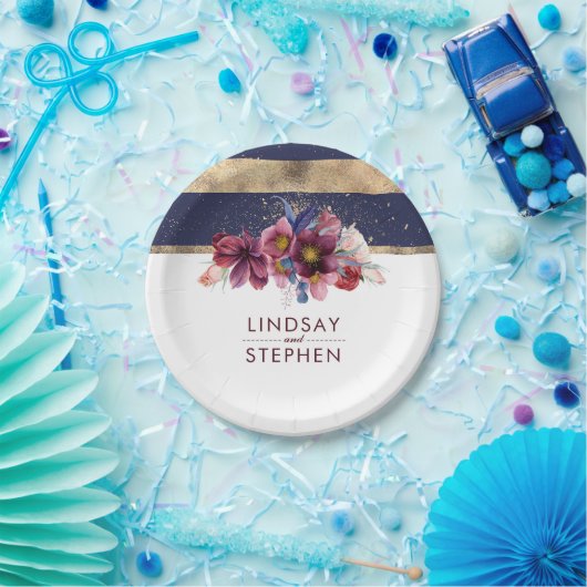 Bourgogne Marine en Goud Bloemen Strepen Bruiloft Papieren Bordje (Feest)