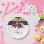 Bourgogne Marine en Goud Bloemen Strepen Bruiloft Papieren Bordje (Feest)