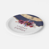 Bourgogne Marine en Goud Bloemen Strepen Bruiloft Papieren Bordje (Gekanteld)