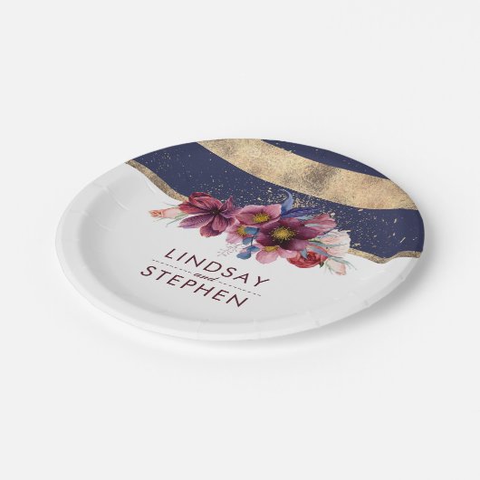 Bourgogne Marine en Goud Bloemen Strepen Bruiloft Papieren Bordje (Gekanteld)