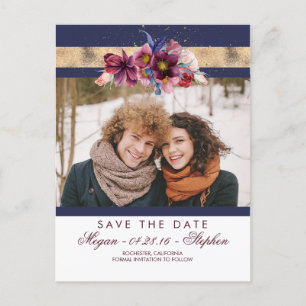 Bourgogne Marine en Gouden Bloemen Save the Date Aankondigingskaart