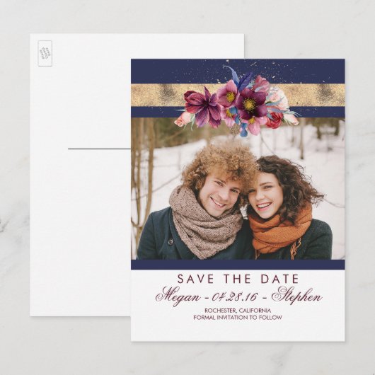 Bourgogne Marine en Gouden Bloemen Save the Date Aankondigingskaart (Voorkant / Achterkant)