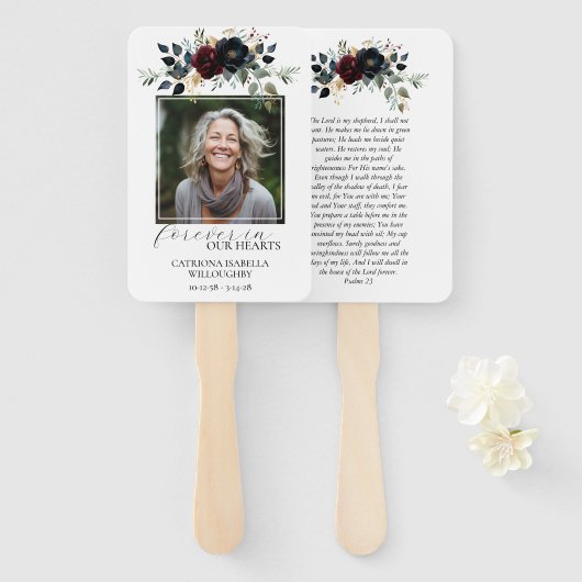 Bourgogne marine Floral Foto Memorial Handwaaier (Voorkant en achterkant)