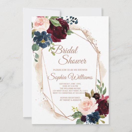 Bourgogne, marine & Gold Bridal Shower Invitation Kaart (Voorkant)