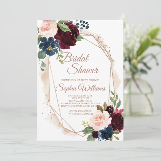 Bourgogne, marine & Gold Bridal Shower Invitation Kaart (Staand voorkant)