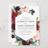 Bourgogne & marine waterverf bloemenbruiloft kaart (Voorkant)