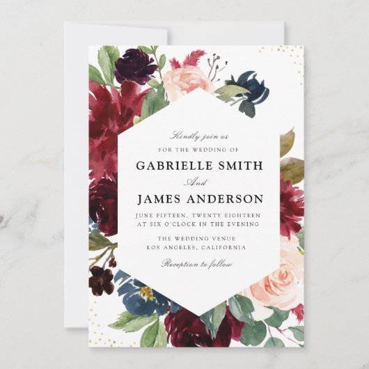 Bourgogne & marine waterverf bloemenbruiloft kaart (Voorkant)