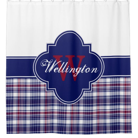 Bourgogne Marine Witte Madras Plaid 1ICB Ribbon Na Douchegordijn (Voorkant)