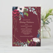 Bourgogne | Marineblauw-Floral Geometric Wedding Kaart (Staand voorkant)