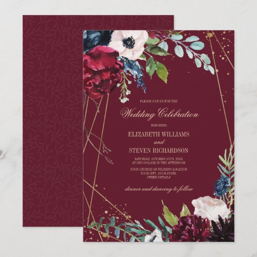 Bourgogne | Marineblauw-Floral Geometric Wedding Kaart (Voorkant / Achterkant)