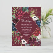 Bourgogne | Marineblauw-Floral Geometric Wedding Kaart (Staand voorkant)