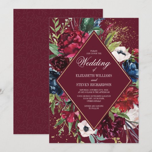 Bourgogne | Marineblauw-Floral Geometric Wedding Kaart (Voorkant / Achterkant)