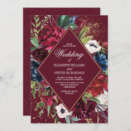 Bourgogne | Marineblauw-Floral Geometric Wedding Kaart