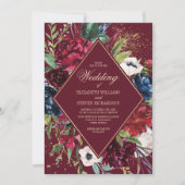 Bourgogne | Marineblauw-Floral Geometric Wedding Kaart (Voorkant)