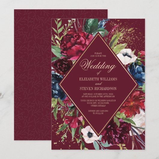 Bourgogne | Marineblauw-Floral Geometric Wedding Kaart (Voorkant / Achterkant)