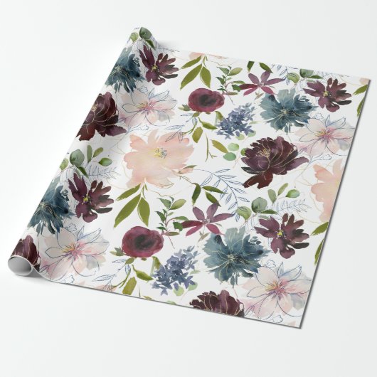 Bourgogne, marinekamer en Blush Floral Cadeaupapier (Uitgerold)