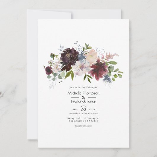 Bourgogne, marineslag en blush Floral Wedding Kaart (Voorkant)