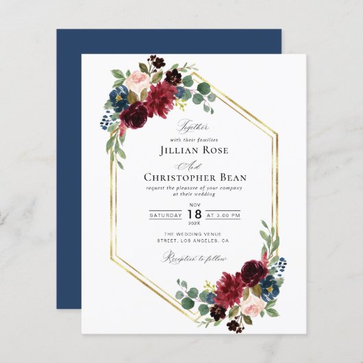 Bourgogne, marjoor en blush floral bruiloft-uitnod (Voorkant / Achterkant)