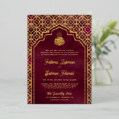 Bourgogne Marokkaanse Arch Moslim Bruiloft Goud Folie Uitnodiging (Staand Voorkant)