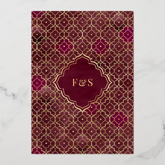 Bourgogne Marokkaanse Arch Moslim Bruiloft Goud Folie Uitnodiging (Achterkant)