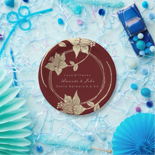 Bourgogne Maroon Bruiloft Gouden Bloemen Krans Vak Papieren Bordje (Feest)