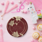 Bourgogne Maroon Bruiloft Gouden Bloemen Krans Vak Papieren Bordje (Feest)