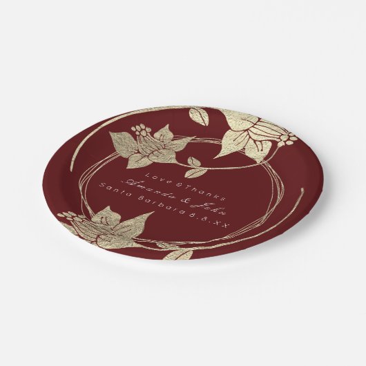 Bourgogne Maroon Bruiloft Gouden Bloemen Krans Vak Papieren Bordje (Gekanteld)