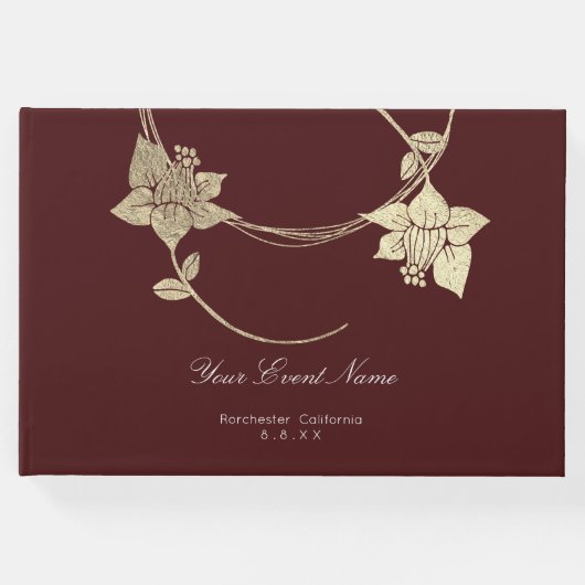 Bourgogne Maroon Champaign Gold Floral Wedding Gastenboek (Voorkant)