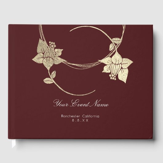 Bourgogne Maroon Champaign Gold Floral Wedding Gastenboek (Voorkant)