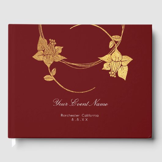 Bourgogne Maroon Champaign Gold Floral Wedding Red Gastenboek (Voorkant)