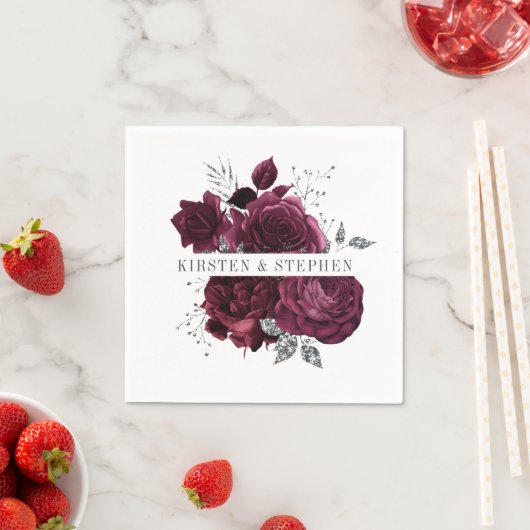 Bourgogne Maroon en Zilveren Bloemen Trouwcocktail Servet (Insitu)