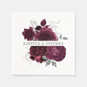 Bourgogne Maroon en Zilveren Bloemen Trouwcocktail Servet (Voorkant)