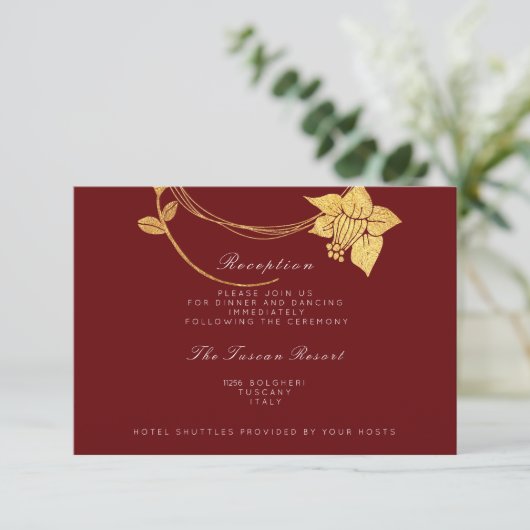 Bourgogne Maroon Gold Floral Vip Weddenschap Informatiekaartje (Staand voorkant)