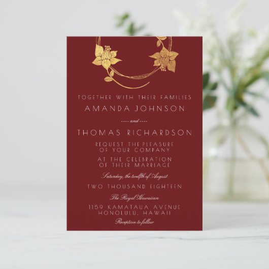 Bourgogne Maroon Gold Wreattical Gold Red Drop Kaart (Staand voorkant)