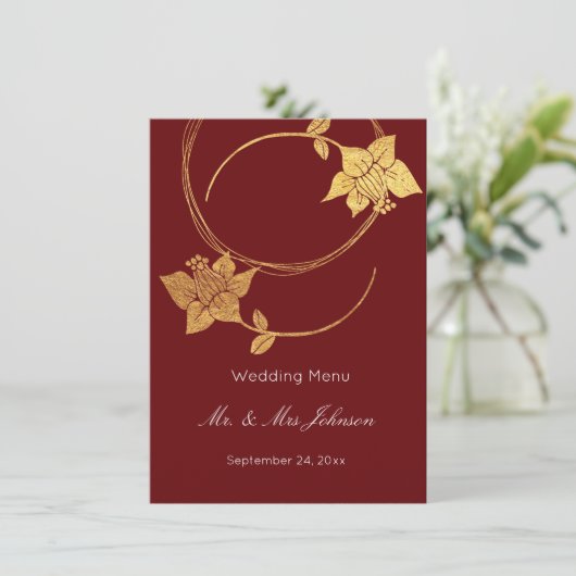 Bourgogne Maroon Goud Bloemen Bruiloft Evenement M Menu (Staand voorkant)