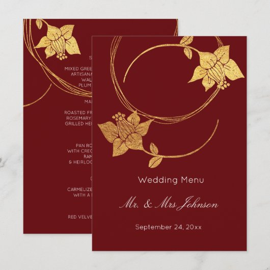 Bourgogne Maroon Goud Bloemen Bruiloft Evenement M Menu (Voorkant / Achterkant)