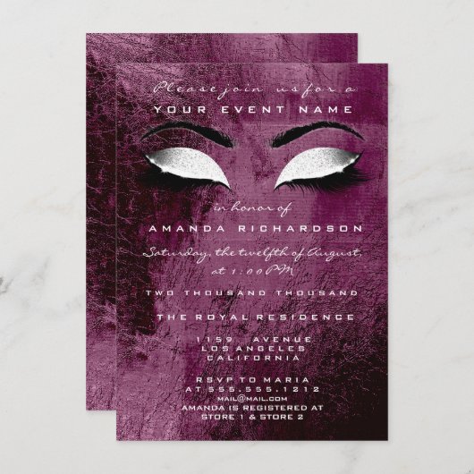 Bourgogne Maroon Make-up Wit Glitter 16e bruids Kaart (Voorkant / Achterkant)