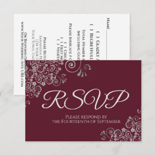 Bourgogne Maroon met Elegant Zilveren Kant Bruilof RSVP Kaartje