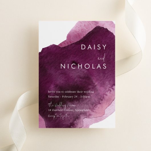 Bourgogne Maroon Moderne Waterverf Bruiloft Kaart