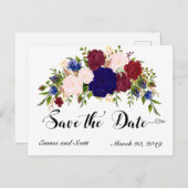 Bourgogne Maroon Navy Bloemen redden de datum Aankondigingskaart (Voorkant / Achterkant)