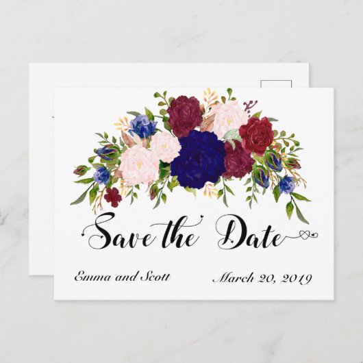 Bourgogne Maroon Navy Bloemen redden de datum Aankondigingskaart (Voorkant / Achterkant)