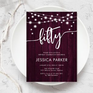 Bourgogne Maroon rustiek hout 50e verjaardag Party Kaart