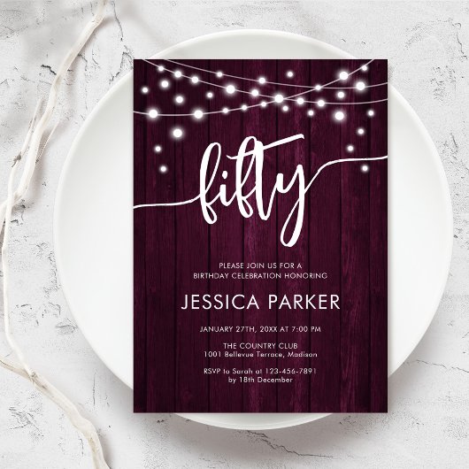 Bourgogne Maroon rustiek hout 50e verjaardag Party Kaart