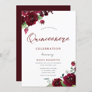 Bourgogne Maroon Waterverf Bloemen Quinceanera Kaart