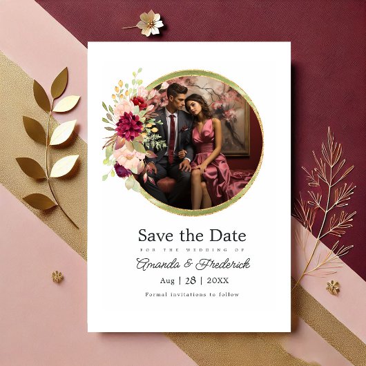 Bourgogne-Marsala, Bloem en Goud Geometrisch Save The Date
